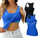 V FOR CITY Women's Built-in Bra Tank Top Racerback Wide Strap Camisole Yoga Cotton Cami Shirts Pack of 2 Black/ Blue L