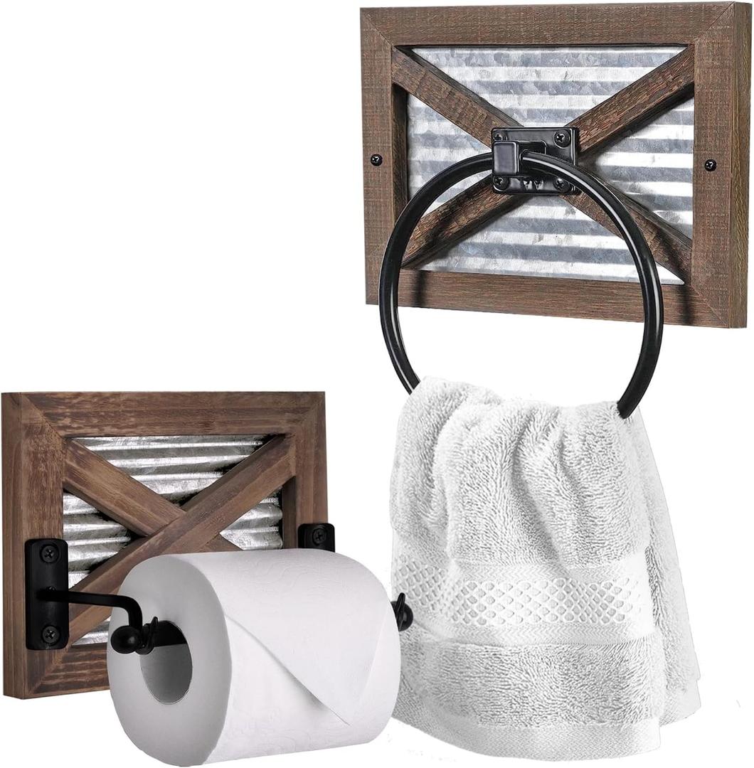 Autumn Alley Farmhouse Toilet Paper Holder and Rustic Towel Holder Set, Wall Mount, Rustic Wall Toilet Paper Holder and Bathroom Hand Towel Holder Decor, Wooden Brown