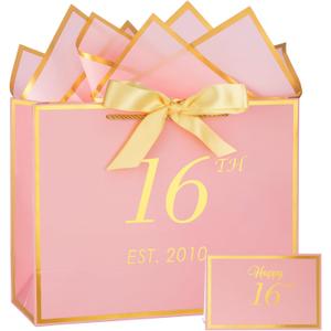 Momoake 16th Birthday Gift Bag with Card and Tissue Paper for Women/Her, 2010 16 Year Old 13" Elegant Pink Gold Anniversary Keepsake Party Present Shopping Paper Bags for 16th Birthday Decorations