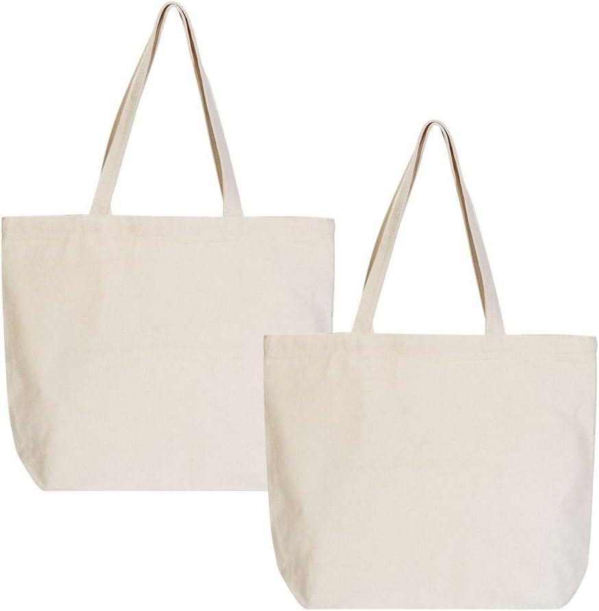 VPAL Large Canvas Tote bags with Zipper Natural Heavy 12oz DIY for Crafting, Ironing and Embroidering Reusable Grocery Washable Bag for Shopping, Wedding and Birthday