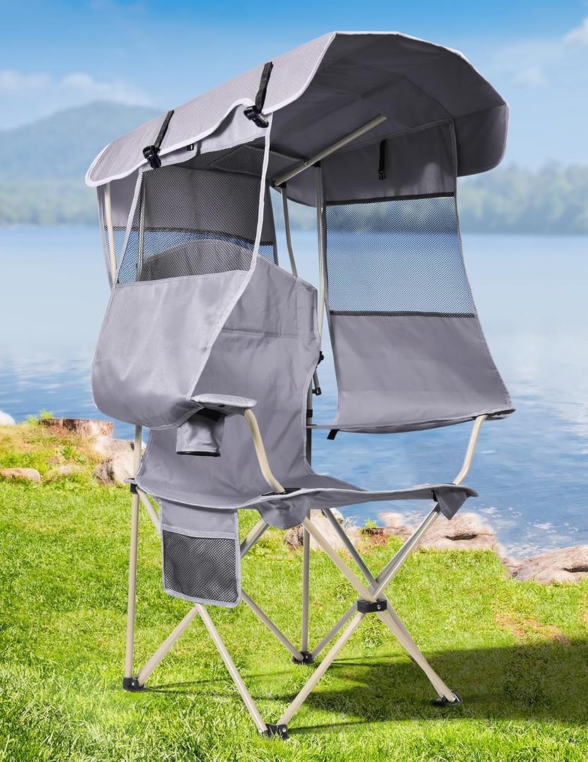 Beach Chair with Canopy Shade, Folding Camping Chair with Canopy with Cup Holder, Side Pocket for Camp, Beach, Tailgates, Fishing - Support 330 LBS (Smoke Gray)
