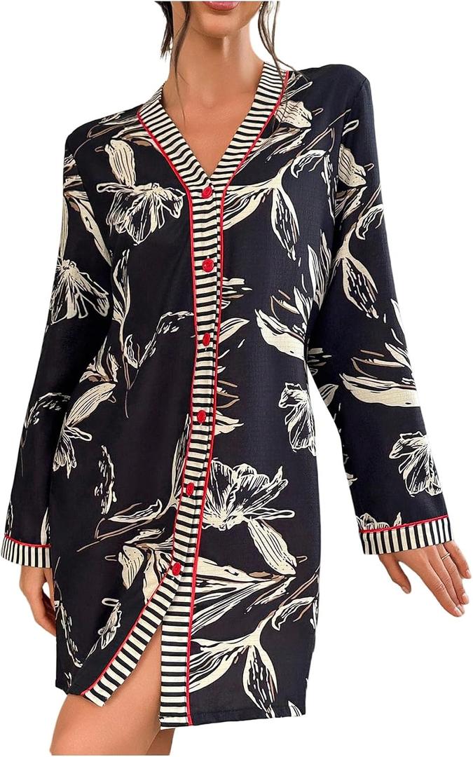 WDIRARA Women's Floral Graphic Nightgowns Button Down Long Sleeve V Neck Nightshirts Sleepwear (S)