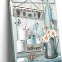Framed Farmhouse Bathroom Canvas Wall Art Country Butterfly Daisy Wall Decor Pictures Teal Bathroom Painting Wash Your Hands Sign Poster Prints for Toilet Bathroom Home Decoration (16"L x 12"W)