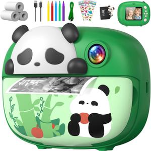 Panda Kids Camera Instant Print Photo with 32G Card, 1080P HD Video Instant Cameras Age 3-12, Digital Toddler Camera Toys with Color Pens for DIY 3-12 Year Old Girls Boys Gifts Birthday, Green
