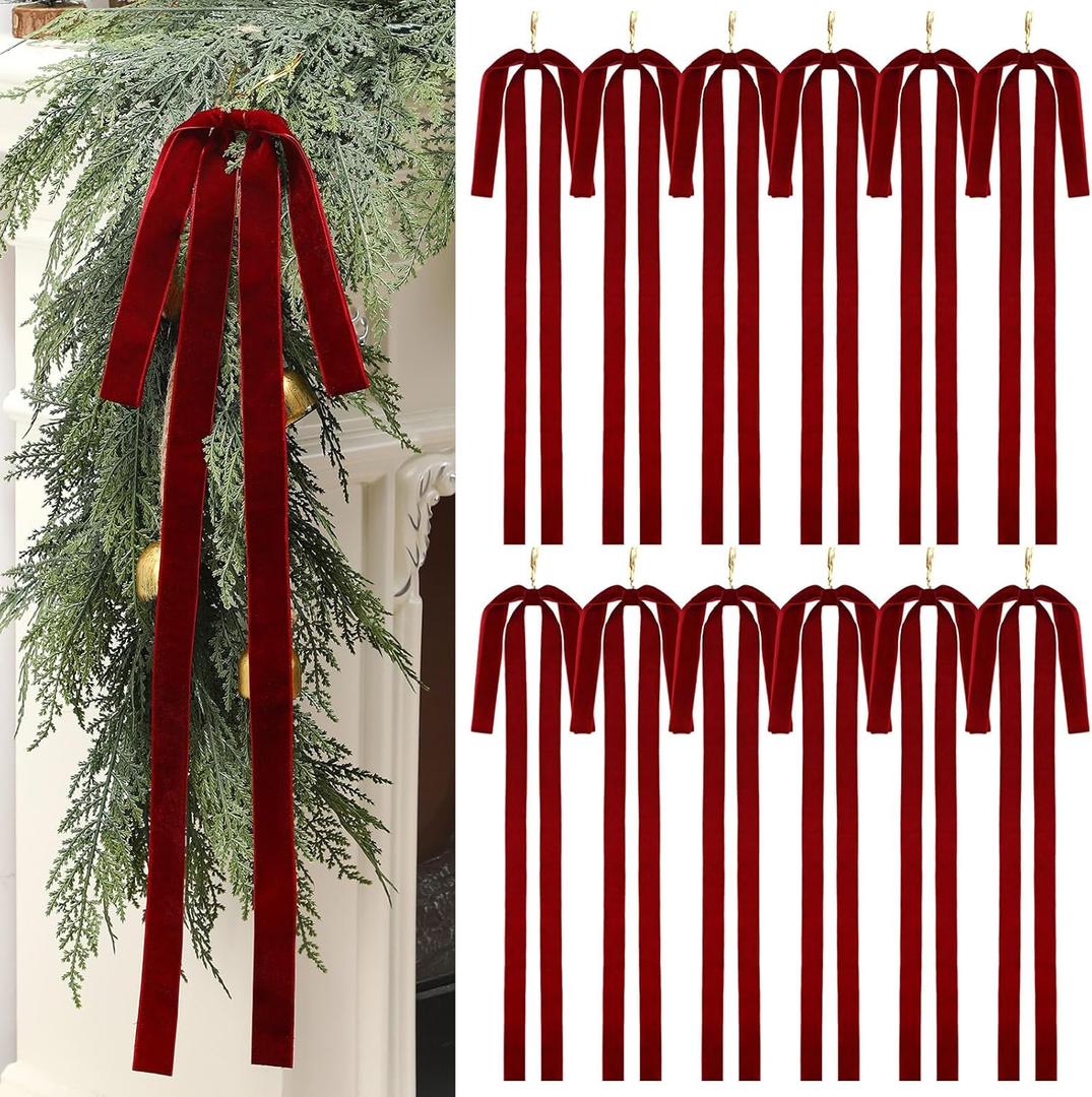 Janinka 12 Pcs Burgundy Long Velvet Bow Ornaments Christmas Swag 23.5x15.5 Inch Vintage Large Velvet Christmas Staircase Wreath Bows Tree Topper Bows Large Bow for Outdoor (Red)