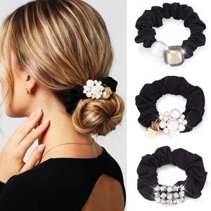 Fashey Rhinestone Hair Ties Black Hair Scrunchies Fancy Pearl Ponytail Holders Decorative Hair Accessories for Women