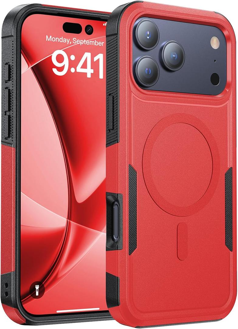 Heavy Duty Case for iPhone 17 Pro Max [Fit for MagSafe] Military-Grade Shockproof Protection Rugged Phone Case, Anti-Fingerprint Cover for i Phone 17 Pro 6.3", Red