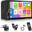 NHOPEEW Double Din Car Stereo with Wireless Carplay and Android Auto - 7 Inch Touch Screen Car Radio - EQ Audio/Mirror Link/Bluetooth/FM Radio/SWC + Backup Camera + Microphone