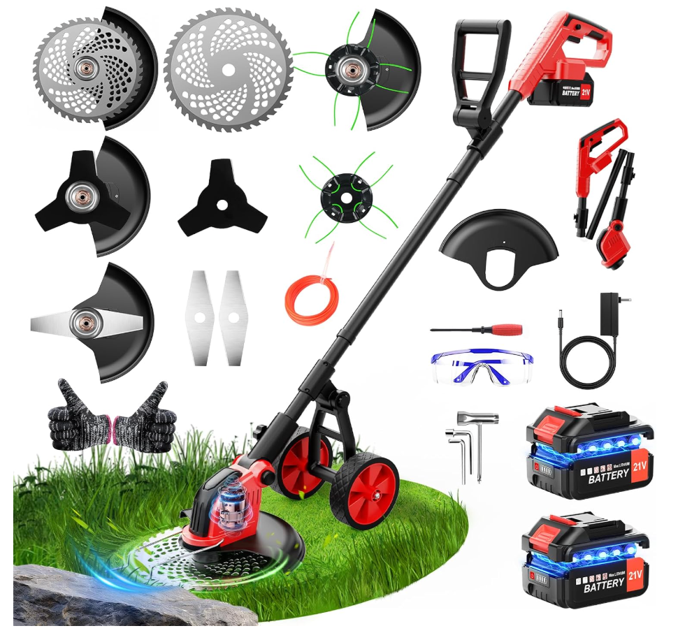 20000 RPM Electric Weed Wacker with Wheel,12″ Brushless Cordless Weed Eater Battery Powered, 4-in-1 Brush Cutter/String Trimmer/Grass Trimmer/Lawn Mower,Edger Stringless Weed Trimmer,5 Blade,2 Battery