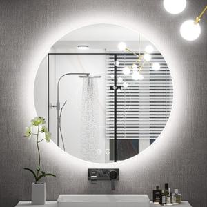 Keonjinn 24 Inch Round LED Mirror for Bathroom, Round Backlit Mirror, UL Listed LED Driver, HD Tempered Glass, 3 Color Lights, Dimmable, Anti-Fog, Small Circle Bathroom Mirrors with Lights