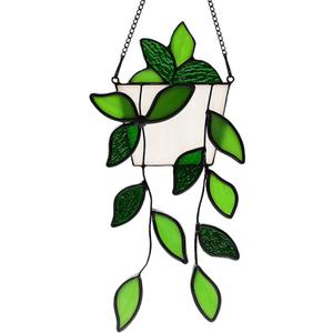 Stained Glass Window Hanging Green Plant Window Suncatcher Handcrafted Green Faux Plant Window Wall Glass Panel Decor for Plant Lovers, Unique Home Indoor& Outdoor Decor
