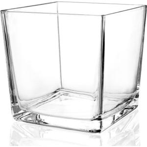 1 Pack Square Glass Vase 6" x 6" x 6", Clear Flower Vase for Centerpieces, Candle Holder for Wedding Party Events, Home Dcor