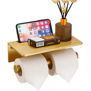 Alise Double Toilet Paper Holder,Bathroom Tissue Holder with Shelf,SUS304 Stainless Steel Toilet Paper Roll Holder Storage Dispenser,Self Adhesive or Wall Mount Drilling,Golden