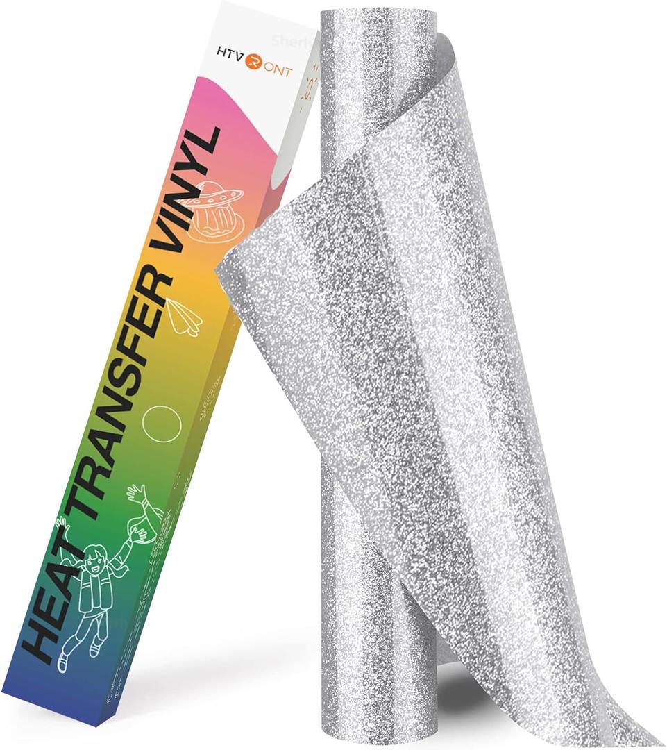 HTVRONT Silver Glitter HTV Heat Transfer Vinyl Rolls - 10" x 8ft Silver Glitter HTV Vinyl for Shirts, Glitter Iron on Vinyl for All Cutter Machine - Easy to Cut & Weed for Heat Vinyl Design (Silver)