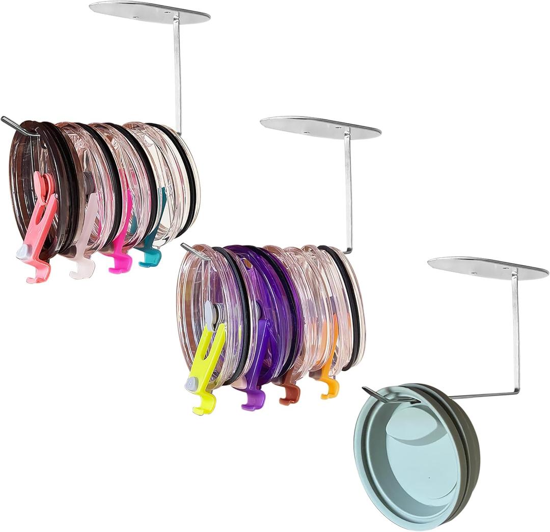 Upgraded Flat 3 Pack Tumbler Lid Organizer, Space Saving Cup Lid Holder for Yeti Stanley Simple Modern Tumbler Lids, Self-Adhesive Lid Hook for Kitchen Storage