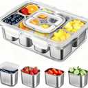 Snackle Box Container, Stainless Steel Divided Serving Tray with Lid and Handle, Portable Snack Tray for Fruit Veggie Candy, 8-Compartment Snack Platter for Travel Party Beach Picnic