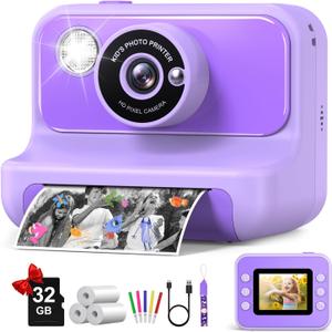 Kids Camera Instant Print, Christmas Birthday Gifts for Girls and Boys, 1080P HD Video Digital Kids Camera with 32G Card, Toddler Camera for 3-12 Years Old, Purple