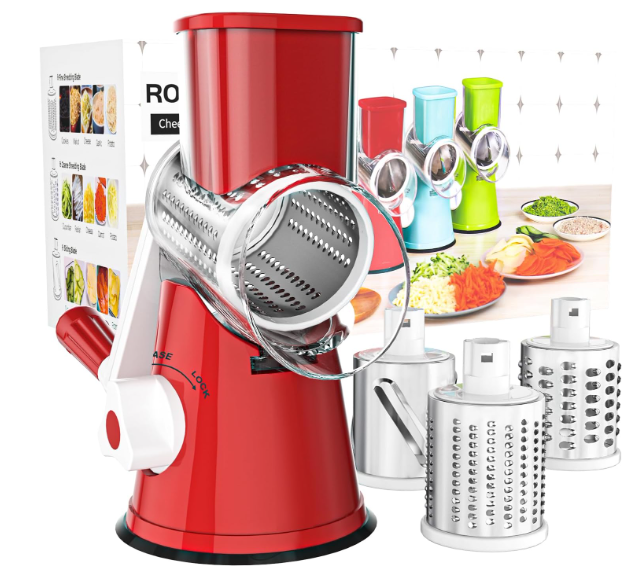 Cambom Rotary Cheese Grater Hand Crank Cheese Shredder for Fresh Cheese, Vegetable, Nuts,Non-slip Suction Base, Free Cleaning Brush Three Blades, Red