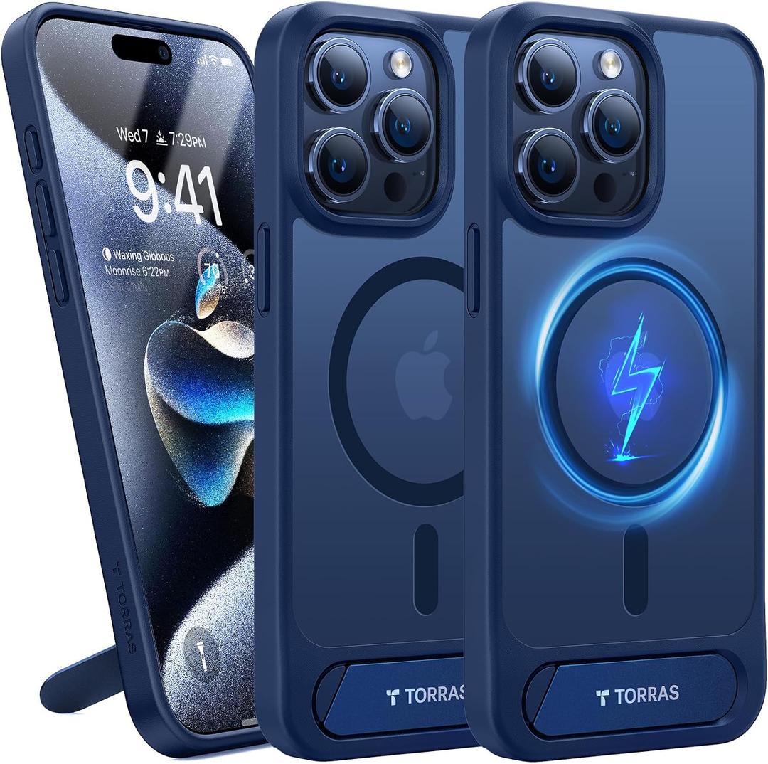 TORRAS for iPhone 15 Pro Max Case Translucent Blue | Strong Magnetic & Seamless Stand, Fit for MagSafe, Military-Grade Drop Protection, Sturdy Adjustable Built-in Kickstand, Slim Matte Finish