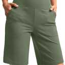 Women's 10" Bermuda Shorts Knee Length with Pockets High Waisted Athletic Long Shorts for Casual Walking Running Yoga (Light Grey Sage)