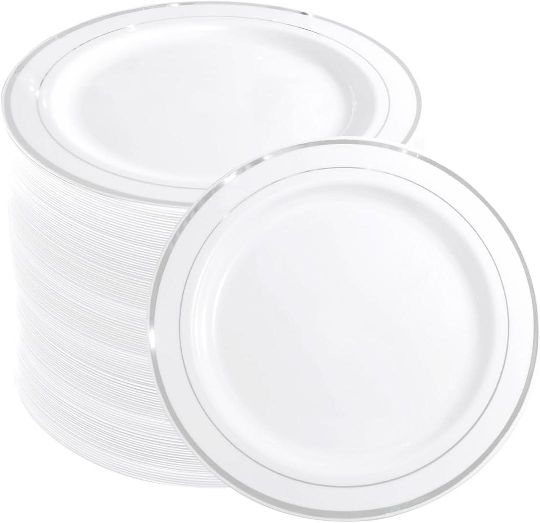 WELLIFE 144 Pieces Silver Plastic Dessert Plates, 7.5 inch Disposable Salad Plates, Premium White Appetizer Plates with Silver Rim, Ideal for Party, Wedding