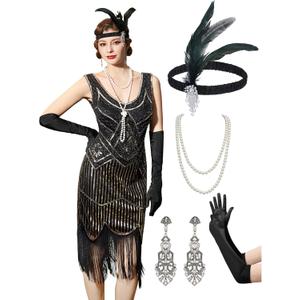 YESSA Flapper Dresses 1920s Gatsby Dress for Women Roaring 20s Costumes Fringed Sequin Cocktail Dress with 20s Accessories (Large, Black-gold)
