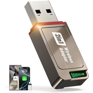 2-in-1 Wireless CarPlay Adapter Support Apple CarPlay & Android Auto, Mini Bluetooth USB A & USB C Dongle Convert Wired to Wireless Compatible with iPhone & Android