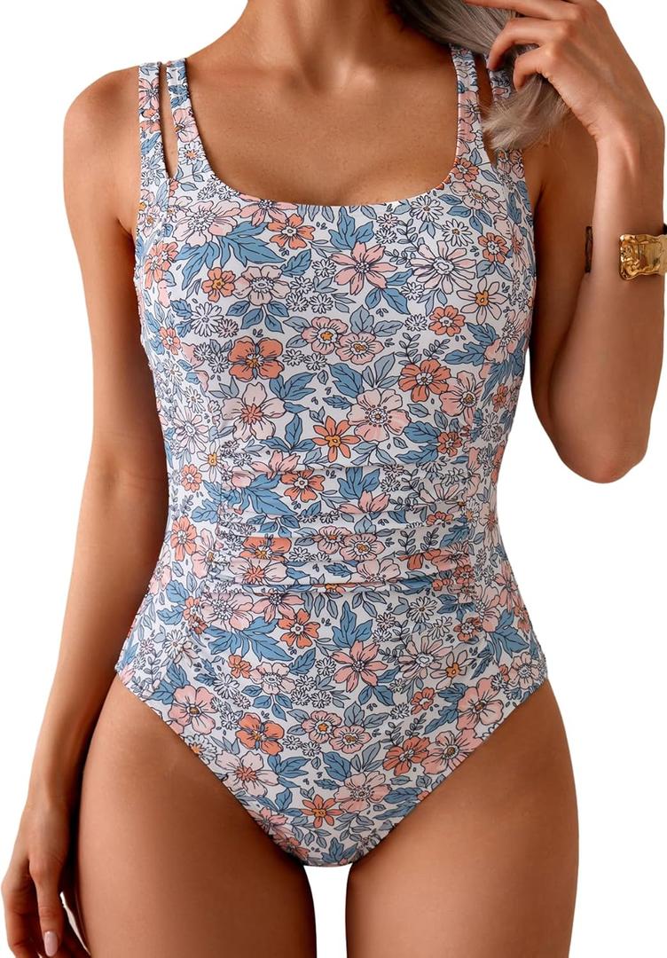 B2prity Women's One Piece Swimsuit Tummy Control Ruched Bathing Suit Double Straps Push Up Swim Suit Slimming Swimwear (XX-Large, Orange Floral)