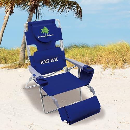 Tommy Bahama 4-Position Face-Opening Read Through Lounger with Ottoman, Portable Folding Beach Chair, Navy