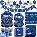 DAZONGE Graduation Decorations 2025 Blue, 2025 Graduation Party Decorations for 50 Guests, Disposable Tableware Set, Plates, Cups, Tablecloth with Congrats Grad Hanging Decor