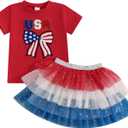 Kayotuas 4th of July Toddler Girl Outfit USA Bow Shirt Red White Blue Sparkle Star Tulle Skirt Set Fourth of July Tutu Dress (Red, 4-5T)