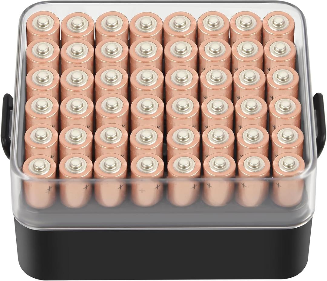 ALCYON Battery Organizer Storage Case, Battery Vault Box Container for 48pcs AAA Batteries, Plastic Clear Protective Battery Holder for Travelling/Home/Office (Black, Small)