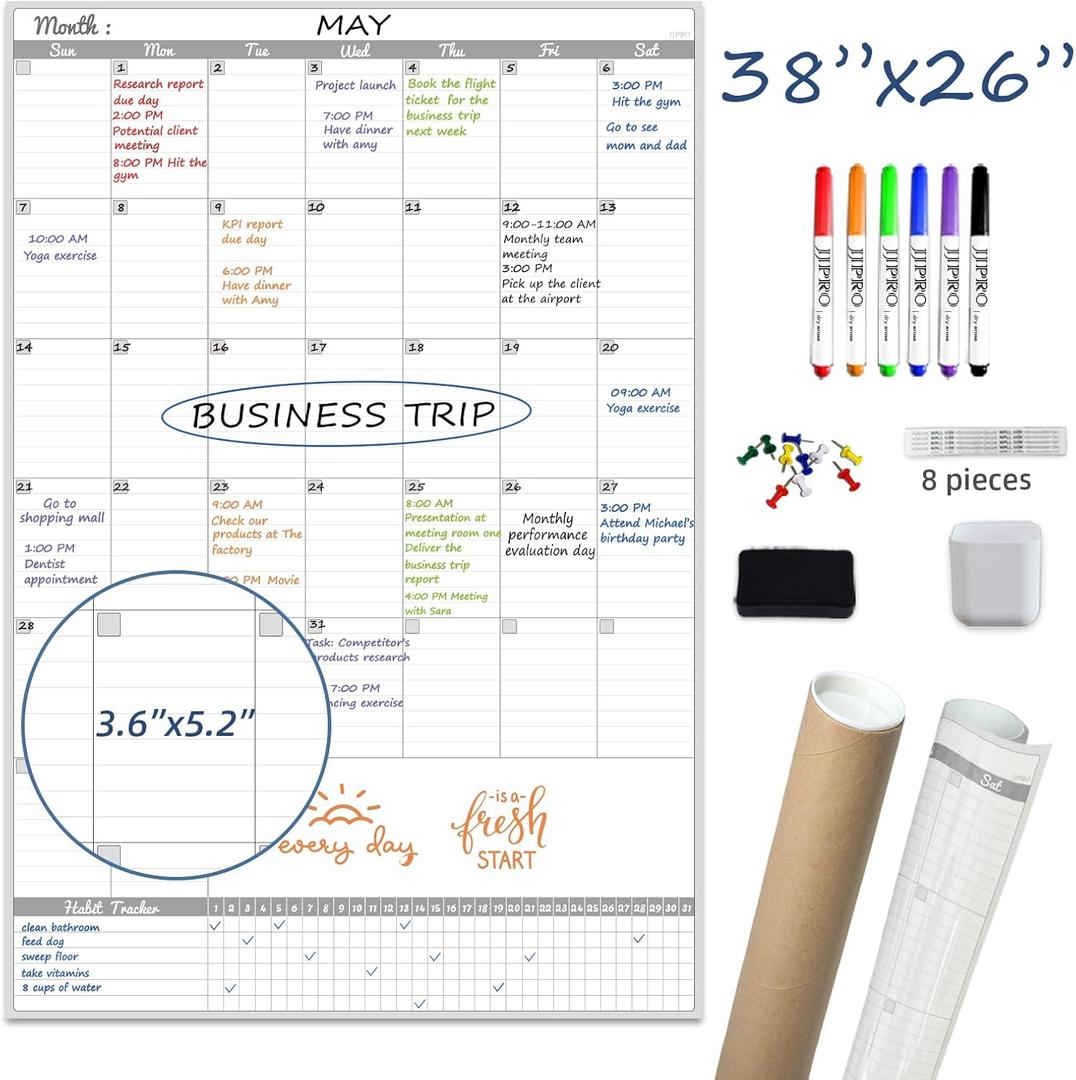 JJPRO Large Dry Erase Calendar for Wall 38"x26"- Laminated One Month Giant Whiteboard Wall Calendar - Vertical Blank Monthly Calender,Erasable 30 Day Schedule Planner for Home, Office, Classroom