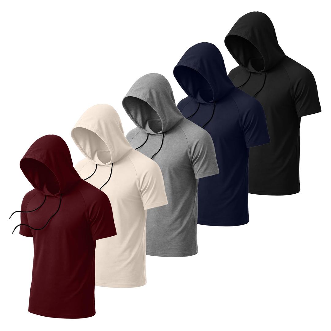 August Alley 5 Pack Men's Big and Tall Hoodies Short Sleeve Sweatshirt Loose Fit Workout Tops Shirts Casual Pullovers Summer(Wine Red, Cream White, Gray, Navy Blue, Black,5X-Large)