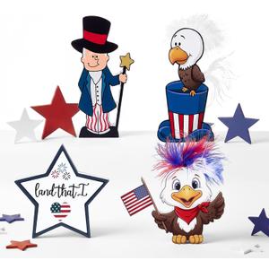 Yousoontic 4 Pcs 4th of July Table Decorations Patriotic Wood Table Sign Red White Blue Wood Tables Centerpieces with Eagle Uncle Pattern Star Tiered Tray Decor for 250th Anniversary Independence Day