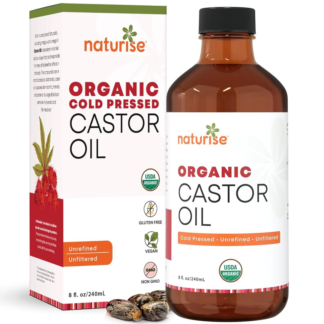 Organic Castor Oil - Organic Cold Pressed Unrefined - Vegan Non GMO Unfiltered Castor Oil Cold Pressed - Support for Eyelash, Eyebrows, Hair Growth, Skin and Face (8 Fl Oz (Pack of 1))