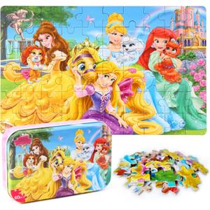 MZZOTOY Princess Puzzles for Kids Ages 4-8, 60 Pieces for Kids Ages 3-5 Princess Puzzle for Girls and Boys Toys Jigsaw Puzzles in a Metal Box Educational Puzzles (Princess)