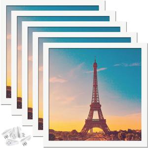 14x14 Picture Frame Set of 5, White Square Photo Frames High Transparent Wall Gallery Desktop Horizontal Vertical for Canvas Collage Photo Poster Certificate 14 x 14 inches