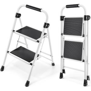 KINGRACK 2 Step Ladder, Folding Step Stool with Anti-Slip and Wide Pedal, Lightweight Stepladder with Handrails, Portable for Kitchen, Household, 330LBS, White