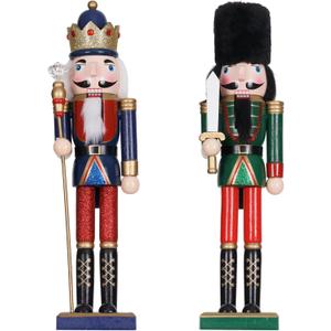 Nutcracker Christmas Decor Set of 2 15-Inch Wooden King and Soldier Blue Green Nutcracker Figure Ornaments for Table Mantel Christmas Tree Decorations