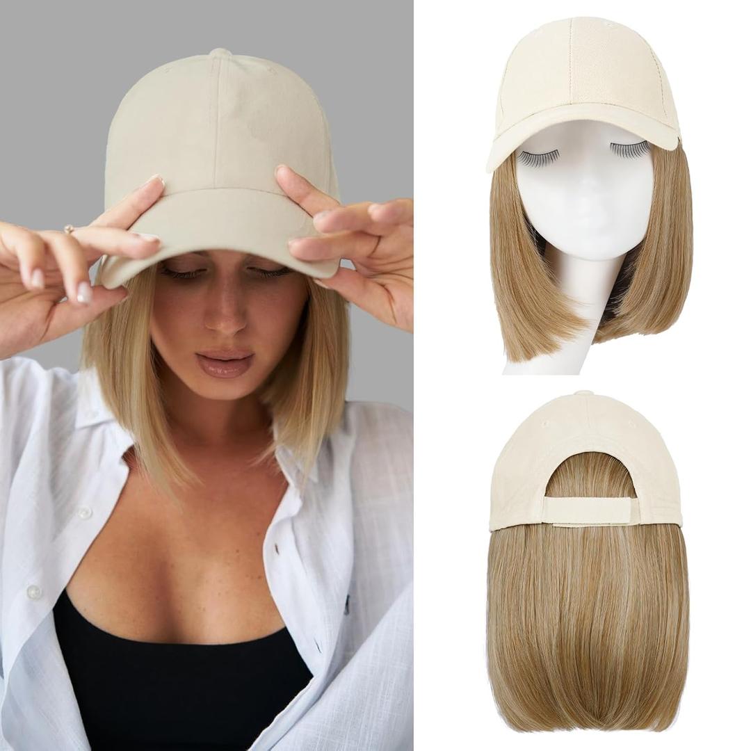 Hat Wigs for Women Baseball Cap with Hair Extensions Short Straight Bob Hairstyle Caps with Hair Attached Adjustable Baseball Cap Wig for Daily Party(12inch) (Straight-27/613)