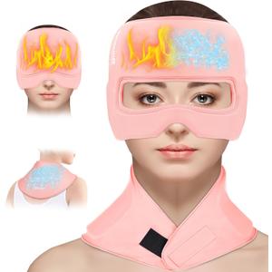 3-in-1 Migraine Relief Cap with Gel Eye Mask & Neck Ice Pack, Hot & Cold Therapy for Headaches, Sinus, Puffy Eyes, Reusable Headache Relief Gifts for Women & Men Pink, Large
