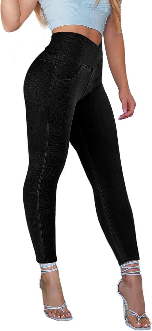 AIMILIA Crossover Jeggings for Women Tummy Control High Waist Pull On Stretchy Jeans Denim Leggings with Pockets Slimming (Large, Black)