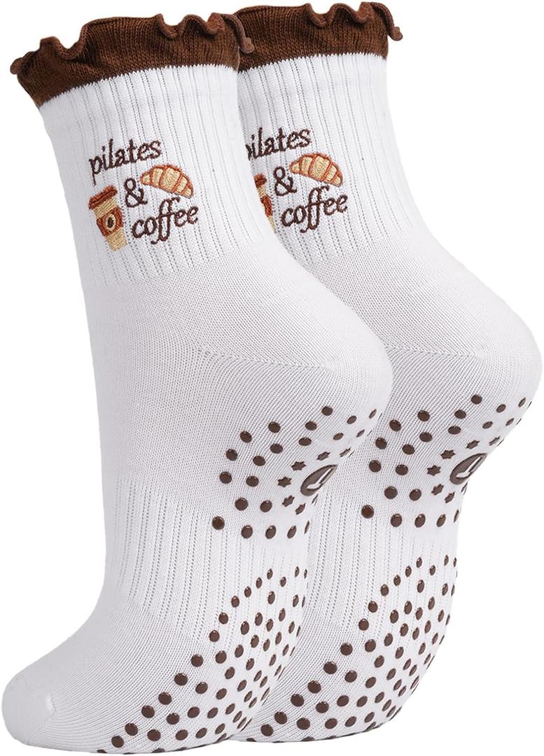 Cute Pilates Ruffle Socks for Women, Grippy Non-Slip Crew Socks with Embroidery for Yoga Barre Workout (White)