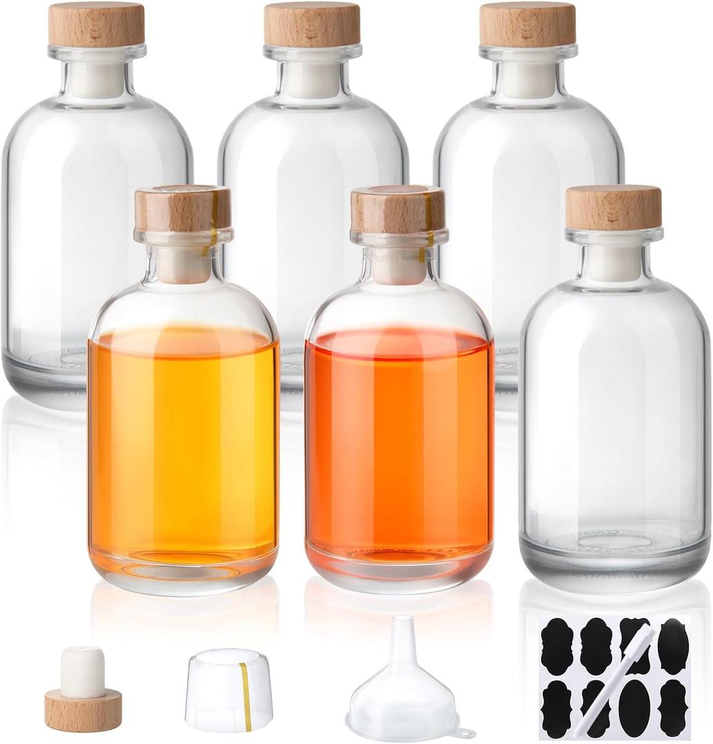 6 Pack 8oz (250ml) Empty Glass Liquor Bottles with Lids, Heat Shrink Capsules, Whiskey Bottles for DIY Alcohol, Vodka, Reusable Glass Bottle with Caps
