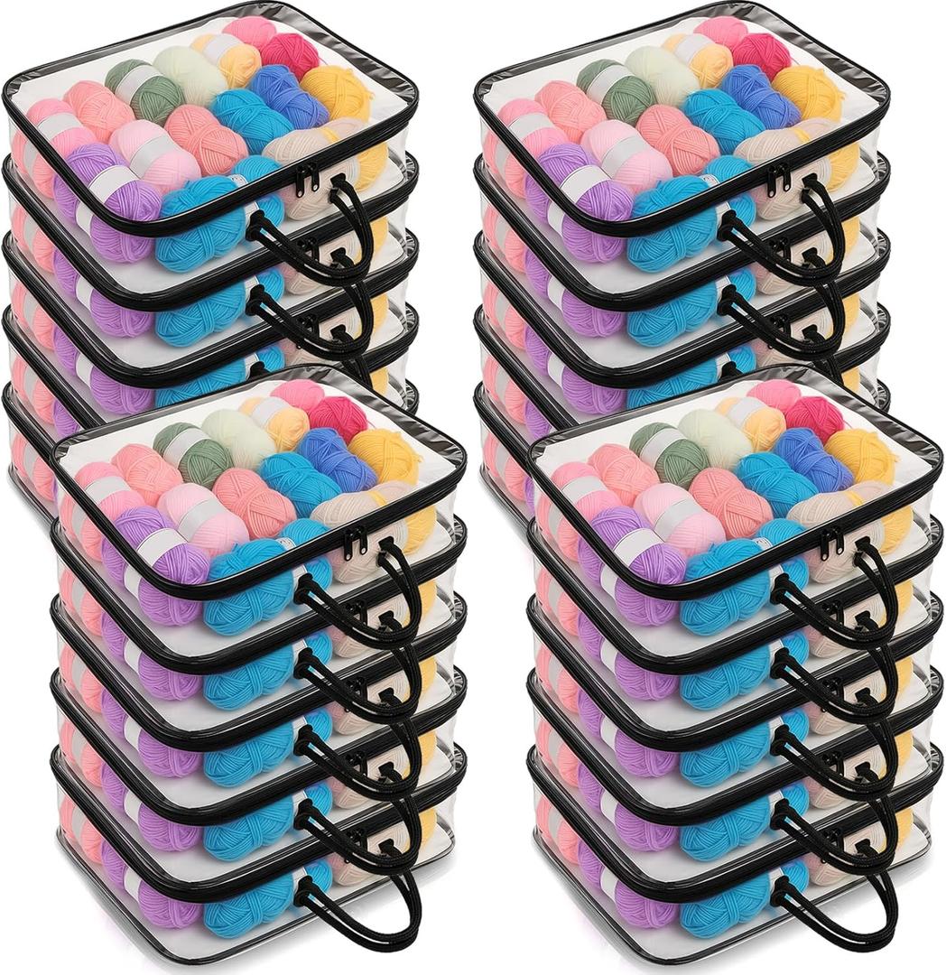 Shinylin 20 Pack Clear Yarn Storage Bags Bulk, 12 x 16 x 4 Inches Yarn Storage Organizer Tote Bag for Knitting Needles Crochet Hooks Wool Balls and Unfinished Project (Black)