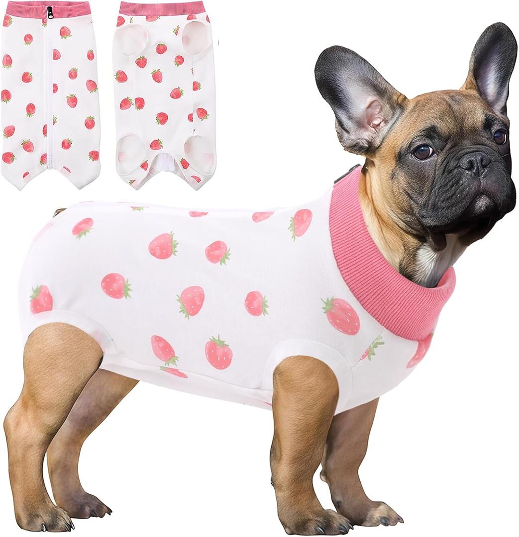 SAWMONG Recovery Suit for Dogs Female Male Zipper, Pink Strawberry Dog Onesie Body Suit After Surgery Spay Neuter, Cotton Breathable Dog Surgical Suit Pet, Substitute Dog E-Collar Cone, XS