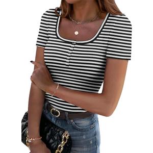 Zeagoo Womens Summer Tops Short Sleeve Shirts Ribbed Knit Square Neck Tshirt Basic Slim Fitted Tee Business Casual Outfit (M)