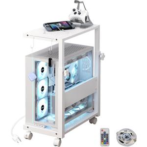 Computer Tower Stand with LED Light Strip,Mobile Rolling CPU Holder,Height Adjustable PC Tower Stand with Charging Station for Office Home (White)