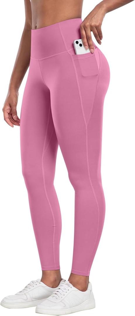 CHRLEISURE Leggings with Pockets for Women - Tummy Control High Waisted Soft Workout Yoga Pants (Small, Baby Pink)